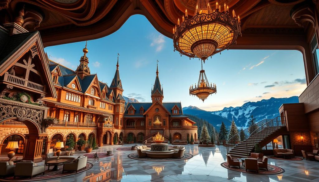 A grand and opulent hotel nestled amidst the picturesque Carpathian mountains, its unique design a harmonious blend of traditional Slavic influences and modern elegance. The facade features intricate woodcarvings, copper accents, and soaring spires that catch the golden glow of the setting sun. The lobby is a sprawling, airy space lit by ornate chandeliers, with plush seating areas and a grand staircase leading up to the guest rooms. Each room is thoughtfully appointed with luxurious furnishings, rich textures, and bespoke decor that evokes the cultural heritage of the region. A sense of tranquility and refinement pervades every corner of this one-of-a-kind hotel, offering guests an immersive and unforgettable experience.