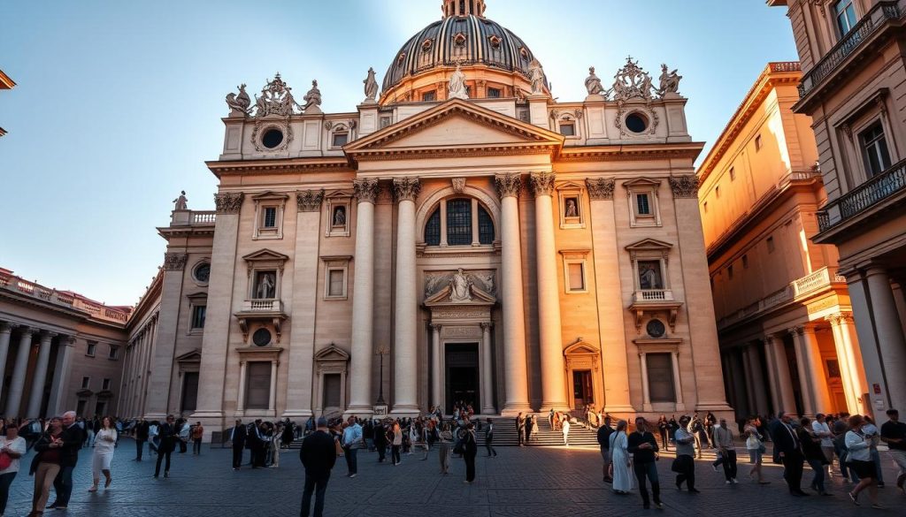A grand cathedral in the heart of Vatican City, its towering facade casting long shadows over the cobblestone plaza. Pilgrims gather in the sunlit courtyard, gazing upwards at the iconic dome as they make their spiritual journey. Intricate carvings and statues adorn the entrance, inviting worshippers to enter this sacred space. Warm, golden light filters through stained glass windows, illuminating the ornate interior with a reverent glow. Ornate altars and towering columns guide the eye towards the grand, central altar, the spiritual epicenter of this hallowed cathedral.