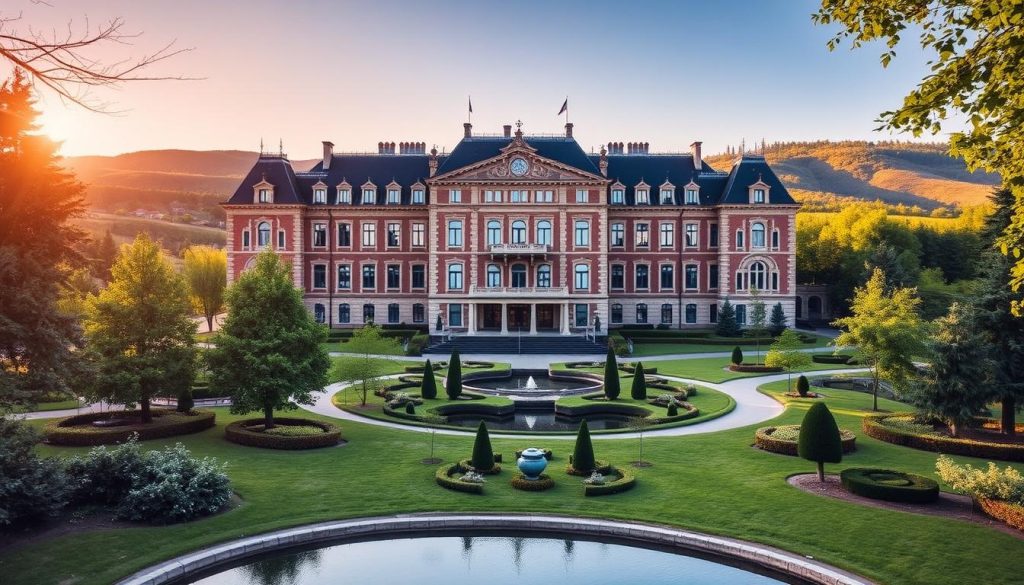 A grand, historical sanatorium building in Myrhorod, Ukraine, standing tall with its ornate facade and stately architecture. The warm, golden sunlight casts a gentle glow across the structure, highlighting the intricate details of the brick and stone work. In the foreground, a tranquil garden with lush greenery and a serene pond, inviting visitors to bask in the peaceful ambiance. The middle ground features a winding path leading towards the main entrance, surrounded by well-manicured landscapes. In the background, the rolling hills and verdant trees create a picturesque, natural setting, complementing the grandeur of the sanatorium. The overall impression is one of elegance, history, and restorative calm, befitting the article's focus on the healing programs and wellness offerings of the Myrhorod Sanatorium.
