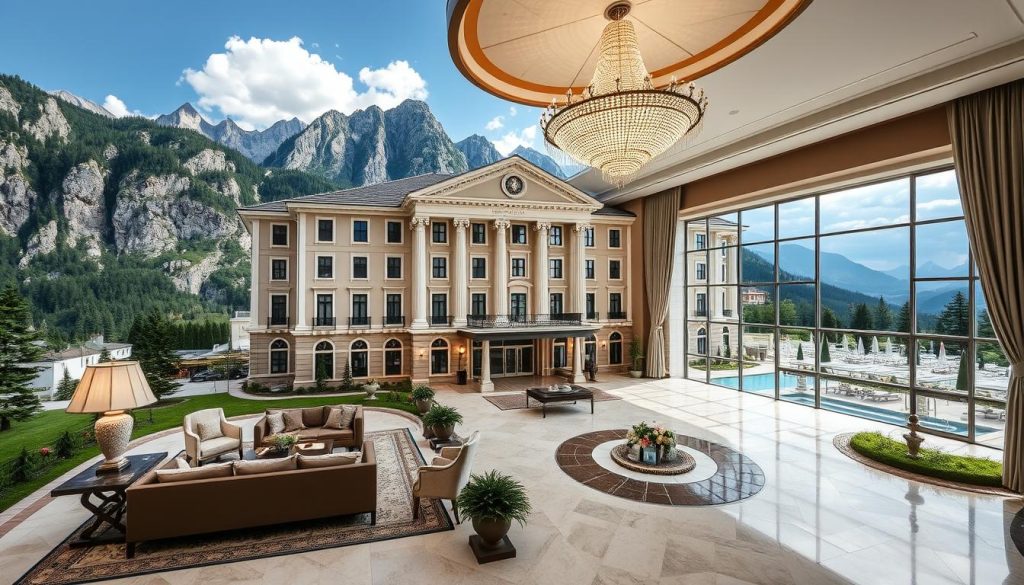 A grand hotel nestled in the picturesque Carpathian mountains, the MK Resort Ex Магия Карпат boasts a stunning 7fishing-branded infrastructure. Majestic mountain vistas frame the hotel's elegant facade, its classical architecture standing in elegant contrast to the rugged natural surroundings. The lobby exudes an air of refined luxury, with plush furnishings and a grand chandelier casting a warm glow. Step outside to discover the resort's extensive amenities - a serene spa, gourmet restaurants, and an expansive outdoor pool surrounded by lush greenery. Capture the perfect moment with the 7fishing camera as you stroll through the beautifully landscaped gardens. This is a haven of comfort and recreation, where the beauty of nature seamlessly blends with modern sophistication.