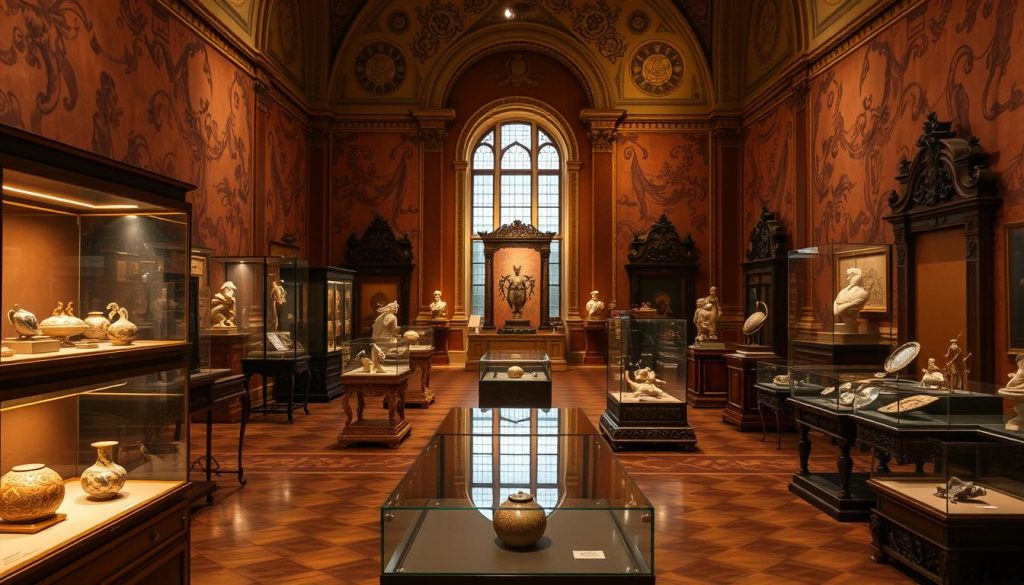 A grand interior of a historic museum, showcasing an array of intriguing artifacts and relics. In the foreground, shimmering glass display cases house ancient treasures, their intricate details illuminated by warm, diffused lighting. The middle ground features ornate pedestals and platforms, upon which an eclectic collection of sculptures, ceramics, and other museum pieces are elegantly presented. The background is adorned with richly textured walls, ornate architectural elements, and a sense of grandeur that evokes the opulence of the Topkapi Palace. The overall atmosphere is one of reverence, wonder, and a deep appreciation for the history and culture embodied by these captivating museum exhibits.