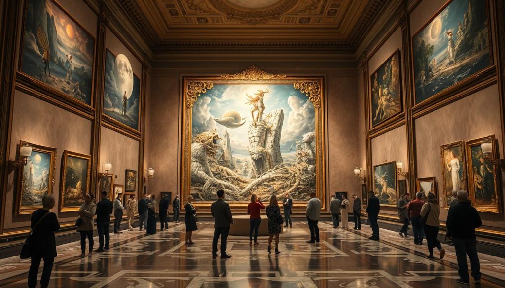 A grand museum hall filled with masterful paintings by the renowned artist. The centerpiece is a large, ornate canvas depicting a surreal, dreamlike landscape. Intricate details emerge from the canvas, inviting the viewer to explore its fantastical world. Soft, warm lighting illuminates the artwork, casting an ethereal glow throughout the space. Elegant wooden frames and polished marble floors add to the refined, sophisticated atmosphere. Visitors stand in awe, captivated by the artist's unparalleled imagination and technical prowess. The museum's collection showcases the full breadth of the artist's visionary style, from abstract compositions to realistic portraits. This is a truly remarkable exhibition, a testament to the genius of a master painter.