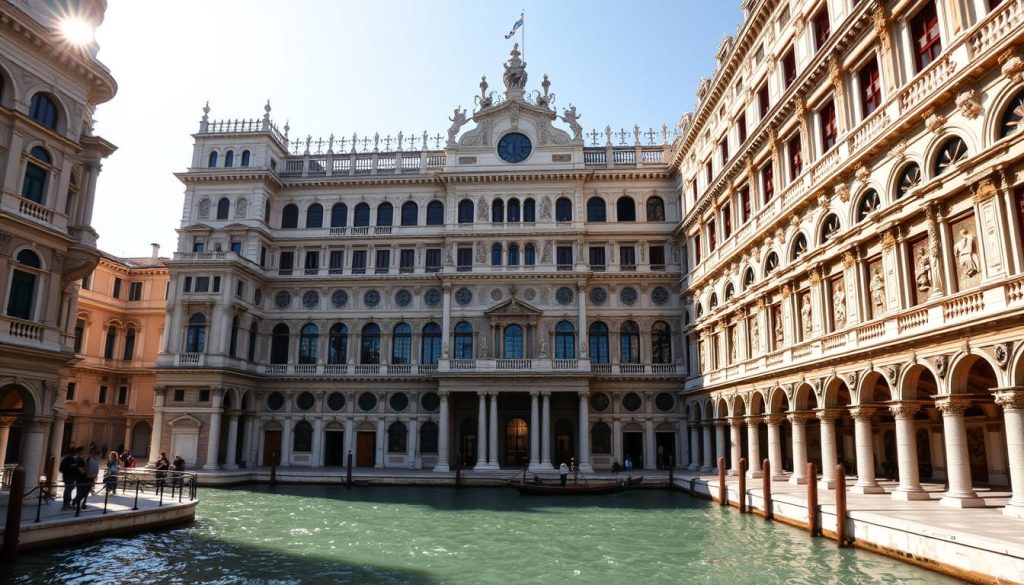 A grand, ornately decorated political center in the heart of historic Venice, the Doge's Palace. The sprawling neogothic facade casts a majestic shadow over the rippling waters of the Grand Canal. Inside, the cavernous halls and chambers are adorned with intricate frescoes, gilded moldings, and towering columns that embody the city's rich political and cultural legacy. Sunlight streams through tall arched windows, illuminating the opulent surroundings and imbuing the space with an air of grandeur and significance. The scene conveys the profound influence this iconic building had on the Venetian Republic's governance and artistic traditions.