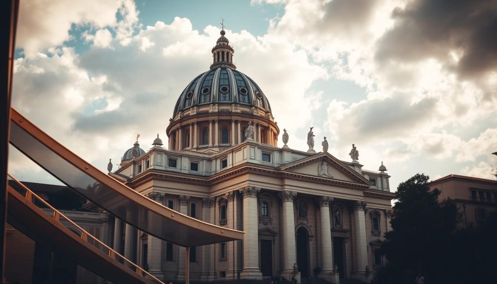 A grand, Renaissance-inspired cathedral, the Basilica of St. Peter in Rome, stands majestically against a partially cloudy sky. The iconic dome, designed by Michelangelo, dominates the scene, casting dramatic shadows across the ornate facade. In the foreground, the sweeping curves of Bramante's original design for the cathedral are visible, showcasing the evolution of the architectural masterpiece over centuries. Warm, golden light filters through the scene, imbuing the historic structure with a sense of timeless grandeur. The image captures the architectural innovations and the enduring legacy of this magnificent building, a testament to the ingenuity and artistic vision of its creators.