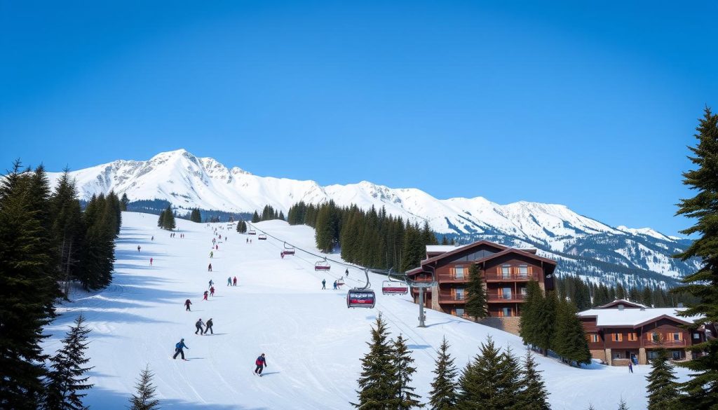A grand, snow-capped mountain range rises majestically in the background, its peaks piercing the crisp, azure sky. In the foreground, a well-groomed, meticulously maintained ski resort comes into view, its slopes dotted with skiers gracefully carving pristine white trails. The resort's modern, chalet-style buildings are nestled among towering evergreen trees, their warm, inviting lights casting a cozy glow. A bustling ski lift ferries adventurous guests up the mountainside, offering breathtaking vistas of the surrounding winter wonderland. The scene exudes an atmosphere of relaxation, excitement, and the promise of unforgettable alpine experiences.