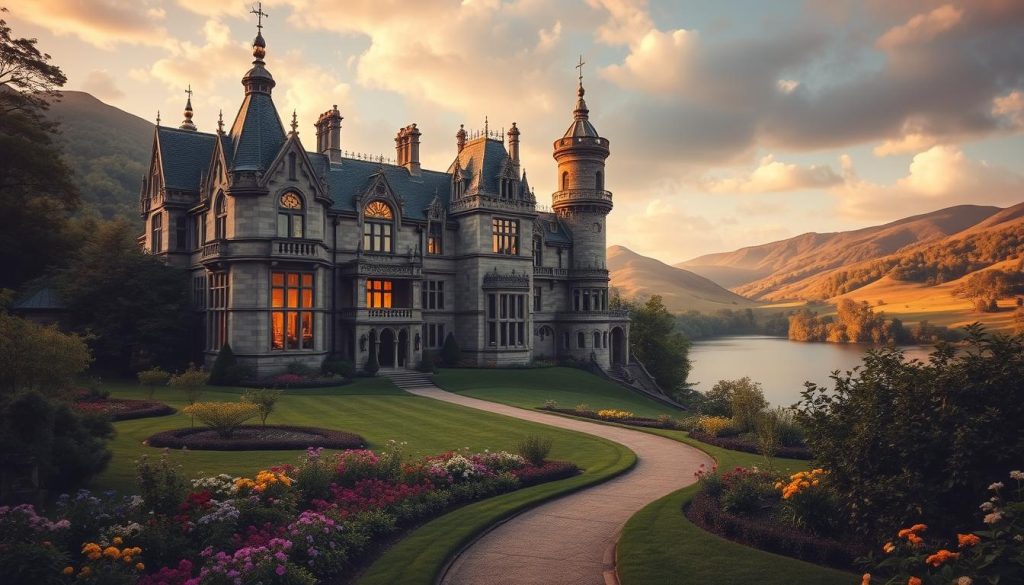 A grand Victorian-style castle nestled amidst lush, rolling hills, its ornate turrets and spires reaching skyward. Warm, golden light filters through stained glass windows, casting a cozy, inviting glow. The facade is adorned with intricate stone carvings and decorative flourishes, exuding a sense of timeless elegance. In the foreground, a neatly tended garden overflows with colorful blooms, while a winding path leads towards a tranquil lake, its surface reflecting the castle's majestic silhouette. The whole scene is imbued with a serene, picturesque atmosphere, as if plucked straight from the pages of a storybook. 7fishing
