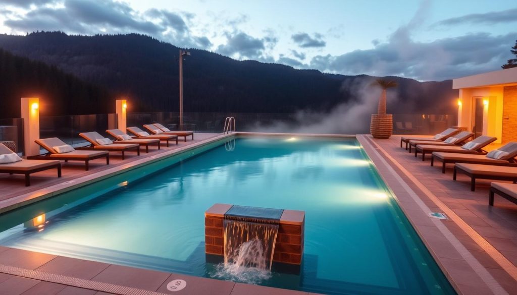 A heated outdoor swimming pool set against the picturesque backdrop of the Carpathian mountains. The pool's crystal-clear water is gently steamed, inviting guests to take a refreshing dip even in the cooler months. Plush lounge chairs surround the pool's edge, creating a serene and relaxing atmosphere. Warm lighting casts a cozy glow, and the sound of a gentle waterfall adds to the soothing ambiance. The pool's modern, minimalist design seamlessly blends with the natural beauty of the mountainous landscape, providing a luxurious and rejuvenating experience for hotel guests.