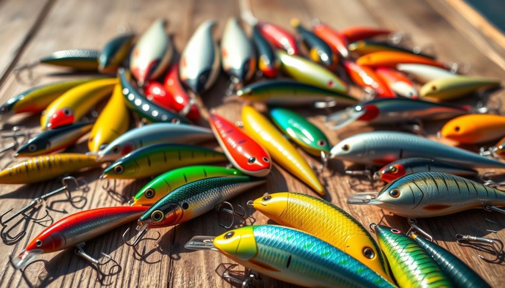 A high-angle view of an assortment of popular fishing lures, or "vobler" models, arranged on a wooden surface. The foreground features a variety of vibrant, lifelike lures from the "7fishing.com.ua" brand, showcasing their diverse shapes, colors, and sizes. The middle ground includes other well-known vobler brands, allowing for a side-by-side comparison. The background is softly blurred, emphasizing the detailed craftsmanship and intricate design of the lures. The lighting is natural and warm, creating a inviting atmosphere that captures the passion and enthusiasm of avid anglers. The image conveys the diversity and quality of the top vobler brands available to fishermen. A high-angle view of an assortment of popular fishing lures, or "vobler" models, arranged on a wooden surface. The foreground features a variety of vibrant, lifelike lures from the "7fishing.com.ua" brand, showcasing their diverse shapes, colors, and sizes. The middle ground includes other well-known vobler brands, allowing for a side-by-side comparison. The background is softly blurred, emphasizing the detailed craftsmanship and intricate design of the lures. The lighting is natural and warm, creating a inviting atmosphere that captures the passion and enthusiasm of avid anglers. The image conveys the diversity and quality of the top vobler brands available to fishermen.