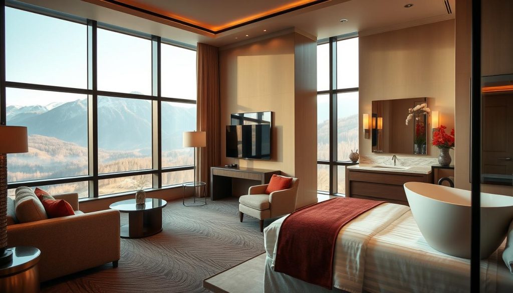 A high-end hotel room interior with a large picture window overlooking a scenic mountain landscape. Soft, warm lighting creates a cozy, inviting atmosphere. The room features elegant, modern furnishings - a plush king-size bed, a stylish sofa, and a writing desk. Neutral colors like beige and gray are accented by pops of deep red and earthy greens. The bathroom is spacious with a luxurious freestanding bathtub and a large vanity mirror. The scene conveys a sense of serene luxury and comfort, perfectly capturing the essence of a Роза Хутор hotel room.