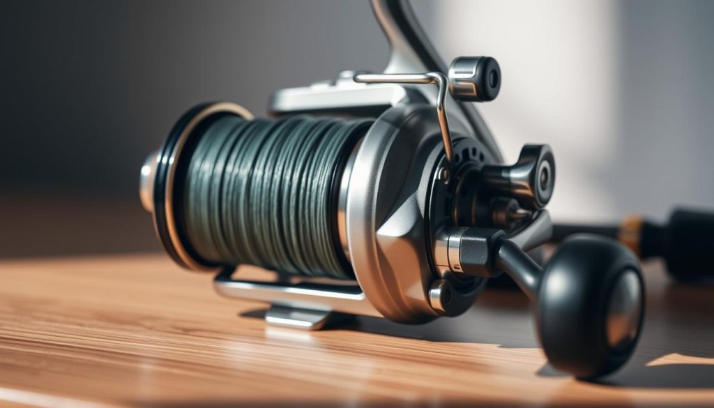 A high-quality baitcast fishing reel, its spool neatly filled with braided fishing line, sits atop a wooden surface. The reel's sleek, metallic body gleams under soft, directional lighting, casting shadows that accentuate its intricate mechanical details. In the foreground, the reel's handle and drag knob are prominently featured, suggesting the reel's precision and control. The background is blurred, allowing the reel to be the focal point, highlighting its importance as a key piece of equipment for pike fishing. The overall composition and lighting create a sense of professionalism and technical sophistication, reflecting the specialized nature of selecting the right reel for targeting pike.