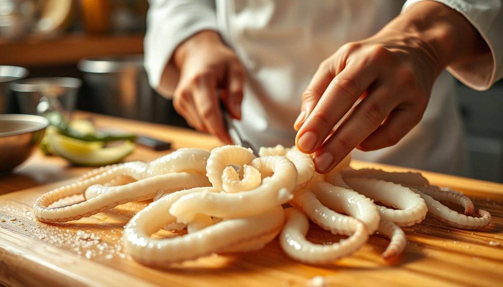 A high-quality close-up image of a chef preparing calamari tentacles, shot with a high-resolution camera lens. The tentacles are arranged neatly on a cutting board, glistening with moisture. The chef's hands are visible, skillfully handling the delicate seafood with precision. The lighting is warm and natural, creating a cozy, inviting atmosphere. The background is slightly blurred, placing the focus on the preparation process. The scene is captured from a slightly elevated angle, providing a clear, unobstructed view. This image is for the article "Щупальцы кальмаров в кулинарии: советы и рецепты" on the website 7fishing.com.ua.