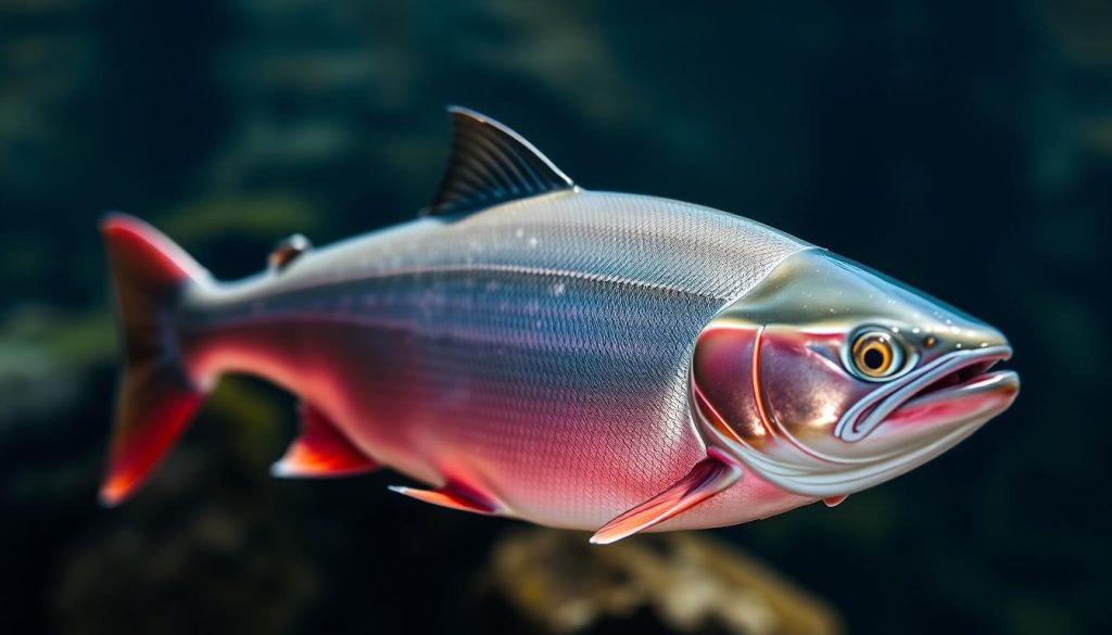 A high-quality, close-up photograph of a beautiful silver-scaled salmon (Oncorhynchus gorbuscha), also known as the pink salmon or humpback salmon, swimming gracefully against a blurred underwater backdrop. The fish's vibrant colors and distinct markings are sharply in focus, showcasing its muscular, streamlined body and the distinctive hump that develops on the back of male salmon during spawning season. The lighting is soft and natural, highlighting the fish's captivating details. Captured with a high-resolution camera lens, this image is perfect for illustrating the section "Описание горбуши: характеристика и качество" in the article "Як приготувати горбуши: прості рецепти для всіх." Photographed by 7fishing.com.ua.