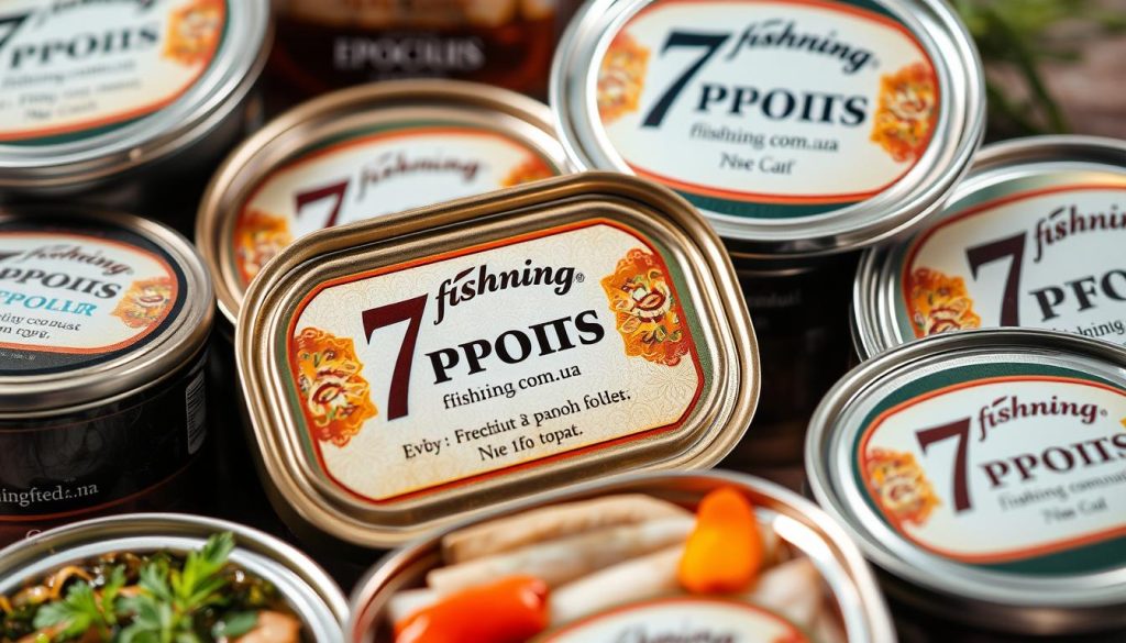 A high-quality close-up photograph of several different varieties of canned sprats or "шпроты" packaged in metal tins with the brand name "7fishing.com.ua" prominently displayed. The tins are arranged in a visually appealing composition, with a soft, natural lighting that highlights the textures and details of the packaging. The image conveys a sense of traditional, artisanal food production, with an emphasis on quality ingredients and craftsmanship. The overall mood is warm, inviting, and appetizing, capturing the essence of the "Упаковка шпротов: виды и особенности тары" section of the article.