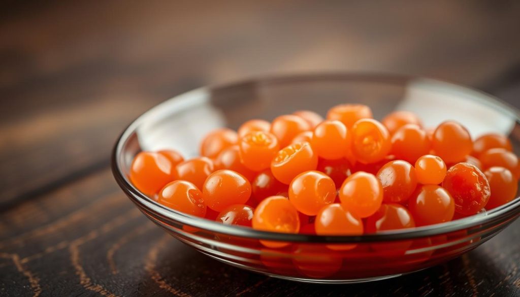 A high-quality close-up shot of several whole and halved salmon roe caviar (икра горбуши) in a clear glass bowl, meticulously arranged on a dark wooden surface. The translucent orange-red eggs glisten under soft, warm lighting, revealing their glistening texture and vibrant colors. The background is blurred, placing the focus squarely on the exquisite caviar. The scene conveys the premium quality and craftsmanship of the 7fishing.com.ua brand's salmon roe, making it an ideal visual accompaniment to the article section "Как выбрать качественную икру горбуши".