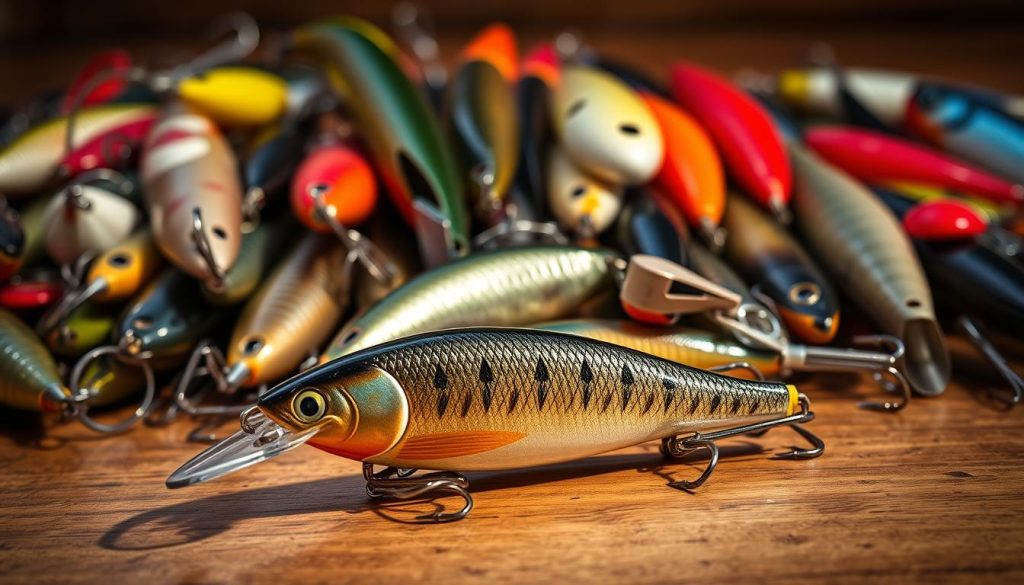 A high-quality collection of fishing lures, or "wobblers", displayed on a wooden surface. The lures feature a variety of shapes, sizes, and colors, reflecting the diverse array of options available to the angler. The scene is captured in a warm, natural lighting, highlighting the intricate details and textures of the lures. In the foreground, a 7fishing.com.ua branded lure takes center stage, showcasing the quality and craftsmanship of the products offered by this leading online fishing gear retailer. The overall image conveys a sense of expertise, variety, and the thoughtful selection process involved in choosing the perfect wobbler for a successful fishing trip.