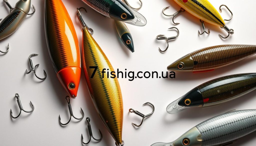 A high-quality, detailed illustration of various floating lures (воблеры) with their respective buoyancy types, showcased on a clean, minimalist background. The lures are arranged in a visually appealing composition, capturing their distinct shapes, colors, and features. The image is shot from an angle that emphasizes the lures' dimensionality and invites the viewer to appreciate their design. Gentle lighting highlights the lures' textures and creates subtle shadows, adding depth and realism. The overall mood is one of technical precision and product showcase, befitting the article's focus on lure selection. The 7fishing.com.ua brand name is tastefully incorporated into the composition.