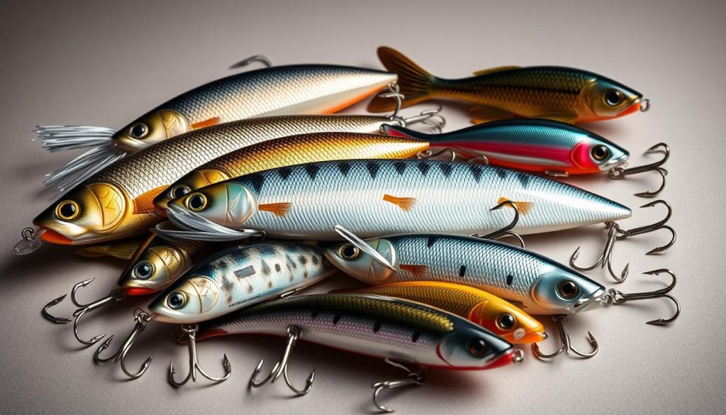 A high-quality, detailed image of various types of fishing lures (воблеры) against a neutral background. The lures should be presented in a visually appealing arrangement, showcasing their diverse shapes, sizes, and colors. Utilize natural lighting and a clean, studio-like setting to highlight the textures and materials of the lures. Capture the intricate design elements and features that make these lures effective for catching predatory fish. The image should convey a sense of professionalism and expertise, as if featured on the website 7fishing.com.ua.