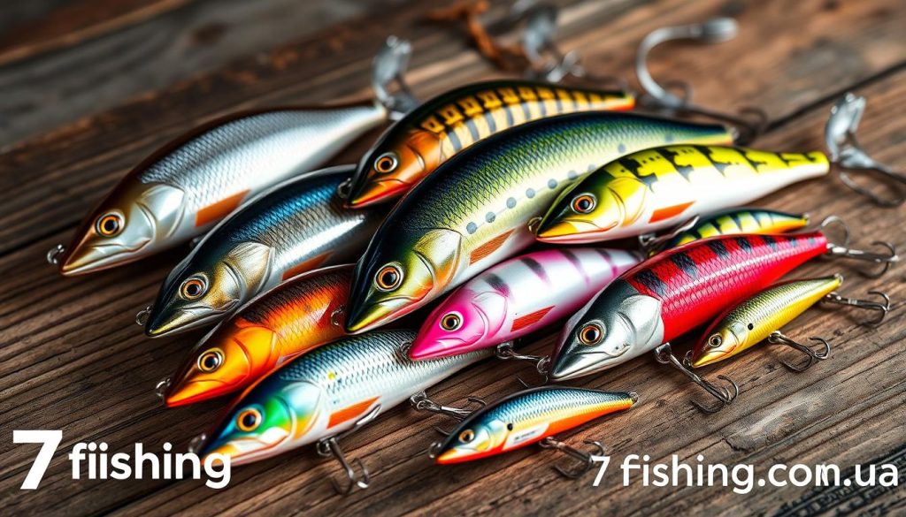 A high-quality, hyperrealistic image of an assortment of top-rated fishing lures (воблеры) for pike (щука) displayed on a rustic wooden surface. The lures feature a range of vibrant colors, patterns, and shapes, each expertly crafted to mimic different types of baitfish. The lighting is soft and natural, highlighting the intricate details and textures of the lures. The composition is balanced, with the lures arranged in an organic, visually appealing layout. The background is slightly blurred, creating a sense of depth and focus on the stunning lures. The branding "7fishing.com.ua" is discreetly displayed in the corner, adding a professional touch to the image.