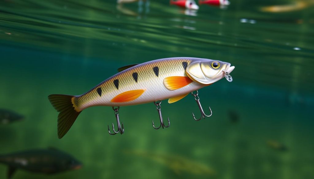 A high-quality image of a floating fishing lure with a sleek, streamlined shape and vibrant colors. The lure is suspended in a serene, natural water setting, with soft lighting that accentuates its curves and reflections. The scene is photographed from a low angle, capturing the lure's buoyancy and lifelike movement. The image showcases the key characteristics of an effective lure for catching perch, including its balanced flotation, hydrodynamic profile, and eye-catching design. Prominently featured is the 7fishing.com.ua brand.