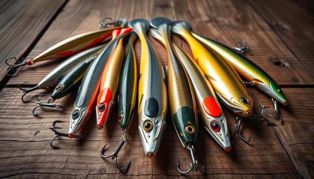 A high-quality photograph showcasing an assortment of top-performing fishing lures, or "топ воблеров," for targeting the mighty zander (жерех) in the waters of Ukraine. Arranged on a rustic wooden surface, the lures display a range of vibrant colors, intricate designs, and diverse shapes, reflecting their specialized functions. Crisp, even lighting casts subtle shadows, emphasizing the lures' detailed textures and profiles. The camera angle provides a compelling, eye-level perspective, inviting the viewer to closely examine these premium fishing tools from the renowned brand 7fishing.com.ua.