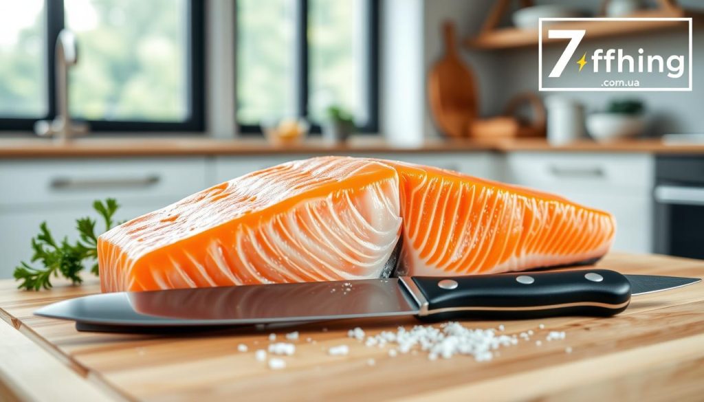 A high-quality salmon fillet resting on a wooden cutting board, with a backdrop of a clean, modern kitchen. The fish is glistening with freshness, its vibrant orange hue accentuated by soft, natural lighting from a large window. In the foreground, a sharp chef's knife and a sprinkle of sea salt hint at the careful preparation to come. The overall atmosphere is one of culinary precision and attention to detail, reflecting the importance of selecting the best "качество продукта" for a delicious meal. The logo "7fishing.com.ua" is subtly displayed in the corner, suggesting the source of this premium seafood.