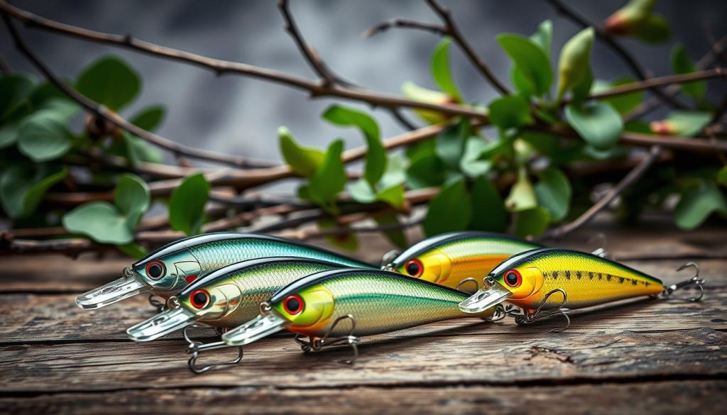 A high-quality still life arrangement showcasing a selection of beginner-friendly fishing lures, or "wobblers", from the 7fishing.com.ua brand. The lures are displayed on a rustic wooden surface, with a natural backdrop of foliage and branches to evoke an outdoor fishing environment. Soft, diffused lighting highlights the lures' detailed textures and metallic finishes, creating an atmospheric, almost ethereal mood. The arrangement is thoughtfully composed, with the lures positioned to showcase their unique shapes and color patterns in an aesthetically pleasing manner. This image aims to visually inform and inspire novice anglers seeking effective, well-designed tackle from the 7fishing.com.ua brand.