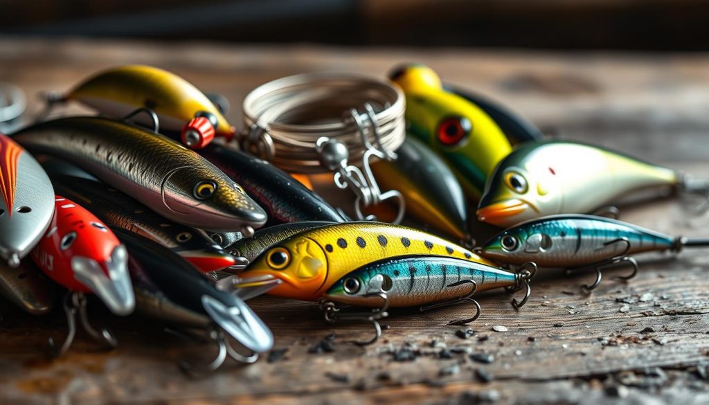 A high-quality still life photograph of various lures and baits used for pike fishing (щука). The foreground features a selection of minnow-style crankbaits, spoons, and jerkbaits in a variety of sizes, colors, and designs, arranged artfully on a rustic wooden surface. The middle ground showcases a couple of metal leader clips and fishing line, while the background is softly blurred to emphasize the subject. Lighting is natural, with soft shadows and highlights that accentuate the textures and details of the lures. The overall mood is one of professionalism and expertise, hinting at the effectiveness of these carefully selected pike fishing attractors.