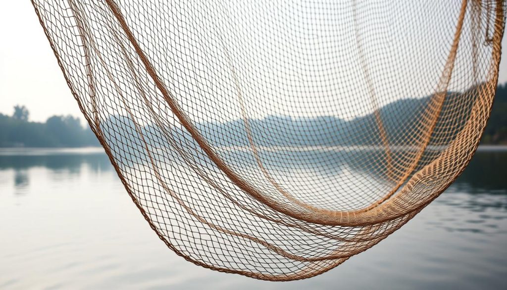A high-quality, well-crafted fishing net measuring 100 meters in length, hanging against a backdrop of a calm, tranquil lake. The net's intricate mesh pattern casts an intricate interplay of light and shadow, creating a visually striking and textural composition. The net is positioned at a slight angle, capturing its full expanse and showcasing its practical functionality. The scene is illuminated by soft, natural lighting, lending a serene atmosphere and highlighting the net's durability and craftsmanship. The overall image conveys the importance of selecting the right fishing net for optimal performance and reliability.
