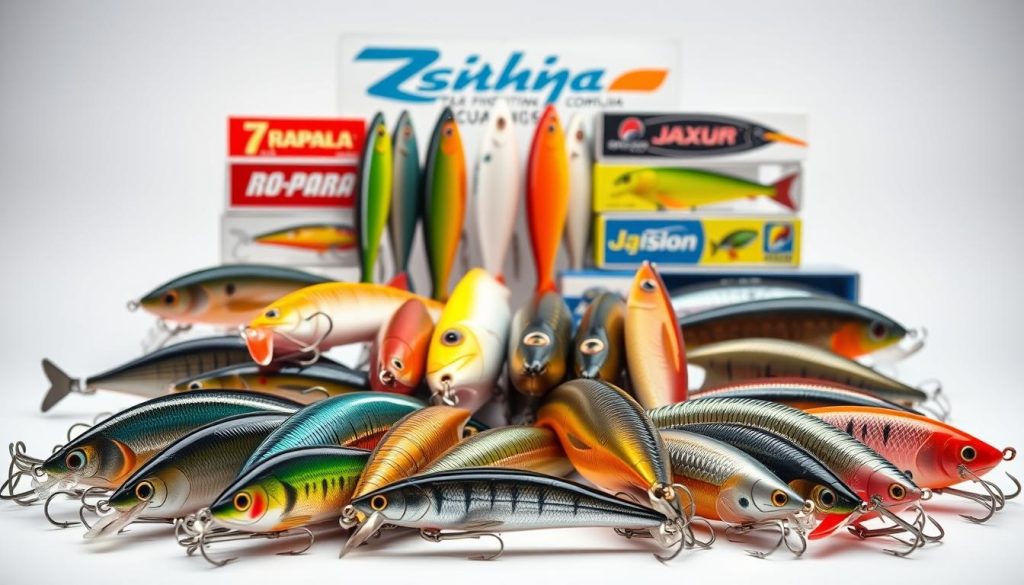 A high-quality, well-lit studio photograph showcasing a diverse assortment of popular fishing lure brands and models. The foreground features a selection of realistic-looking, meticulously detailed воблеры from the brand 7fishing.com.ua, arranged in an appealing, symmetrical composition. The middle ground includes additional воблеры from other prominent brands like Rapala, Yo-Zuri, and Jaxon, each with their unique color patterns and designs. The background is a clean, minimal set with neutral tones, allowing the lures to take center stage. The lighting is soft and diffused, creating a sense of depth and dimension, while highlighting the intricate textures and features of the воблеры. The overall mood is professional, product-focused, and visually captivating, suitable for showcasing these popular fishing gear brands.