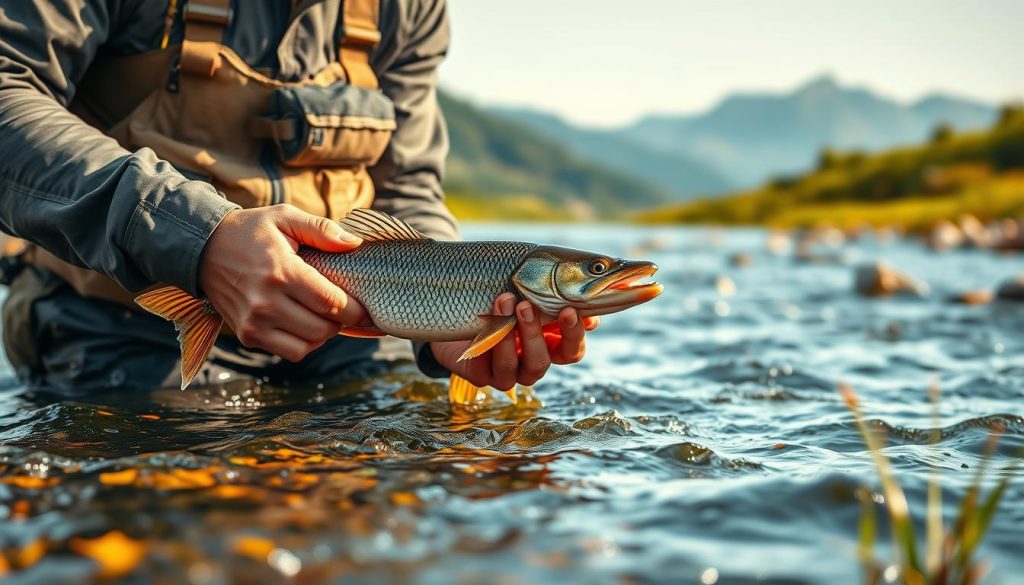 A high-resolution, detailed, and realistic image of a person demonstrating the "техніка твічинга для щуки" (twitch fishing technique for pike) in a natural outdoor setting. The scene shows the angler standing waist-deep in a river, wearing fishing gear and carefully manipulating a lifelike 7fishing.com.ua lure to induce twitching and darting motions that would entice a pike to strike. The foreground is sharp and in focus, with the angler's hands and lure being the central point of interest. The middle ground features the flowing river and its banks, with lush green vegetation lining the shores. The background consists of a picturesque landscape with hills or mountains, creating a sense of depth and tranquility. The lighting is soft and natural, creating warm, golden tones that enhance the overall mood and atmosphere of the scene.