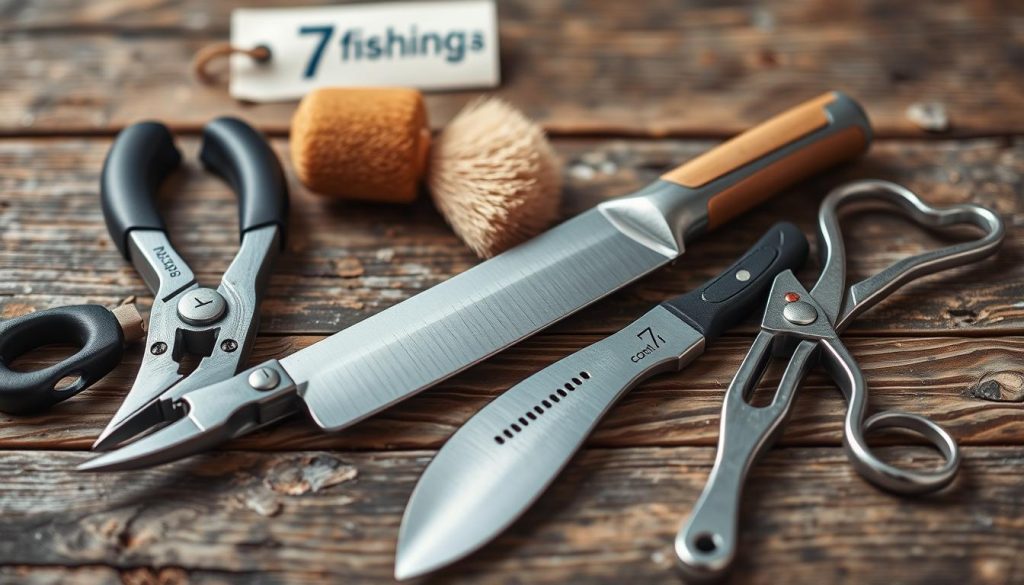 A high-resolution, detailed still life image of a collection of professional fish cleaning tools, including a sturdy pair of fish pliers, a sharp fillet knife, a stiff-bristled scrub brush, and a set of stainless steel fish scalers, arranged on a rustic wooden surface with natural lighting. The tools have a utilitarian, well-worn appearance, conveying their purpose and functionality. The overall mood is one of practicality and preparedness, setting the stage for the essential task of properly cleaning a freshly caught fish. In the background, a simple label reads "7fishing.com.ua", indicating the source of these quality fish cleaning instruments.