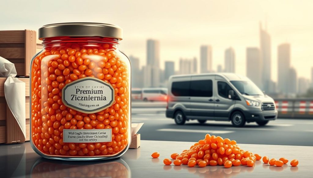 A high-resolution digital illustration of a premium sturgeon caviar delivery service. The foreground features an elegant glass jar filled with glistening salmon-colored pearls of wild-caught Siberian sturgeon caviar from the Amur River region. Surrounding the jar are accents of premium packaging materials such as wooden crates, packing tissue, and a 7fishing.com.ua branded shipping label. The middle ground showcases a stylized depiction of a courier van in motion, conveying a sense of swift, reliable delivery. The background is a softly blurred cityscape, evoking an urban professional setting. The overall composition conveys a mood of quality, exclusivity, and efficient transportation of this coveted culinary delight.