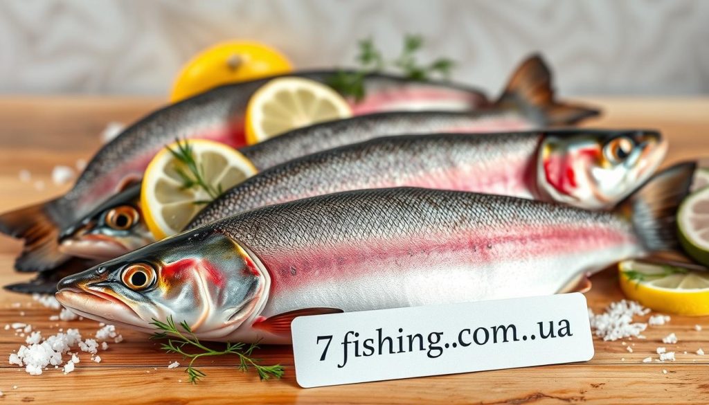 A high-resolution, hyper-realistic image of an artfully arranged selection of fresh, whole rainbow trout against a neutral background, showcasing their vibrant colors and natural textures. The trout are displayed on a wooden surface, complemented by a few key ingredients for curing, such as coarse salt, dill sprigs, and lemon slices. The lighting is soft and natural, highlighting the subtle details of the fish and creating a warm, inviting atmosphere. In the foreground, a small label prominently displays the brand name "7fishing.com.ua", signifying the quality and provenance of the featured products.