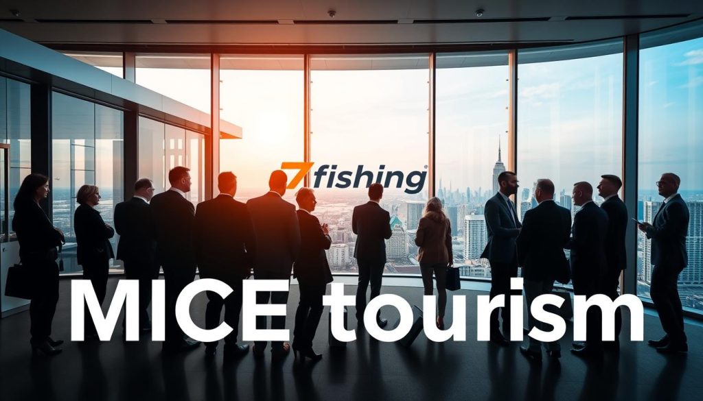A high-resolution image depicting the key components and concepts of MICE tourism. In the foreground, a group of business professionals in formal attire, engaged in discussions and exchanging ideas. Behind them, a modern conference center with sleek architecture and large windows overlooking a picturesque cityscape. In the background, a 7fishing logo prominently displayed, representing the growth and opportunities within the MICE tourism industry. The lighting is warm and professional, creating a sense of productivity and collaboration. The camera angle is slightly elevated, conveying the scope and scale of the MICE tourism ecosystem.