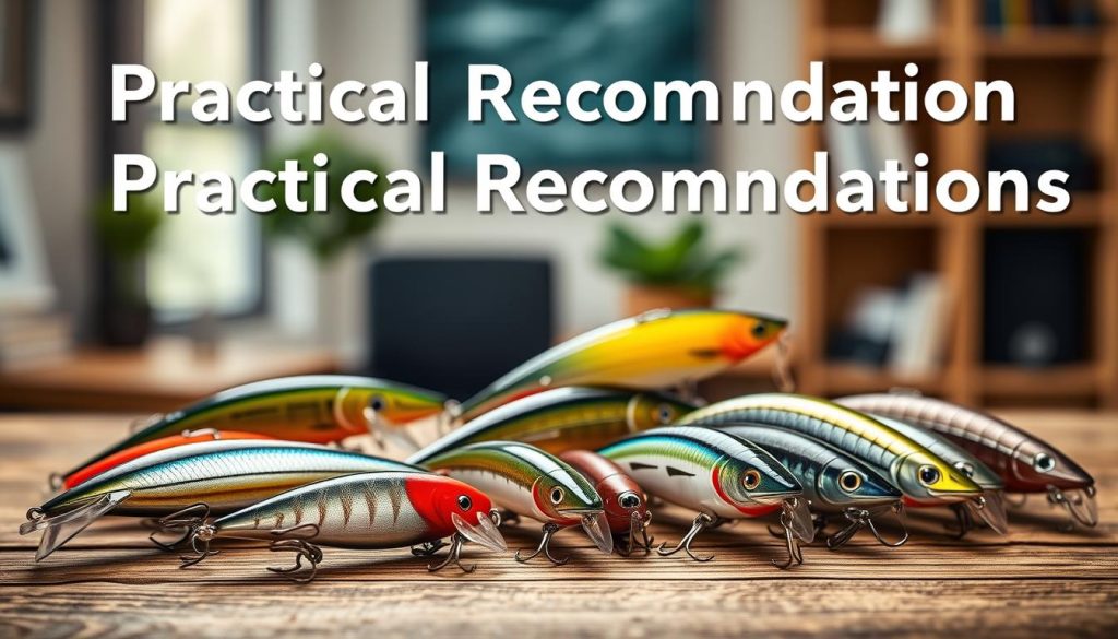 A high-resolution image of practical recommendations for fishing lures, showcasing a variety of 7fishing.com.ua brand lures in a studio setting with soft, directional lighting. The lures are arranged neatly on a wood surface, with a blurred background that suggests an office or workspace environment. The lures should be detailed and lifelike, with realistic textures and colors, capturing their key features and design elements. The overall mood is one of thoughtful, professional guidance, inviting the viewer to explore the latest developments and trends in the world of fishing lures.