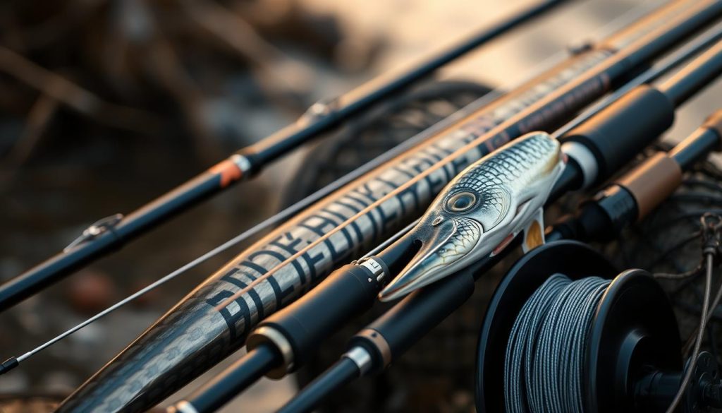 A high-resolution image of several pike fishing rods and lines, arranged in a visually appealing composition. The rods should be made of high-quality materials such as carbon fiber, with sleek, modern designs. The lines should be thin, strong, and capable of handling the powerful strikes of pike. The scene should be set against a natural backdrop, perhaps a riverbank or lakeside, with soft, warm lighting illuminating the tackle. The overall mood should convey a sense of focus, preparation, and anticipation for the upcoming pike fishing expedition.