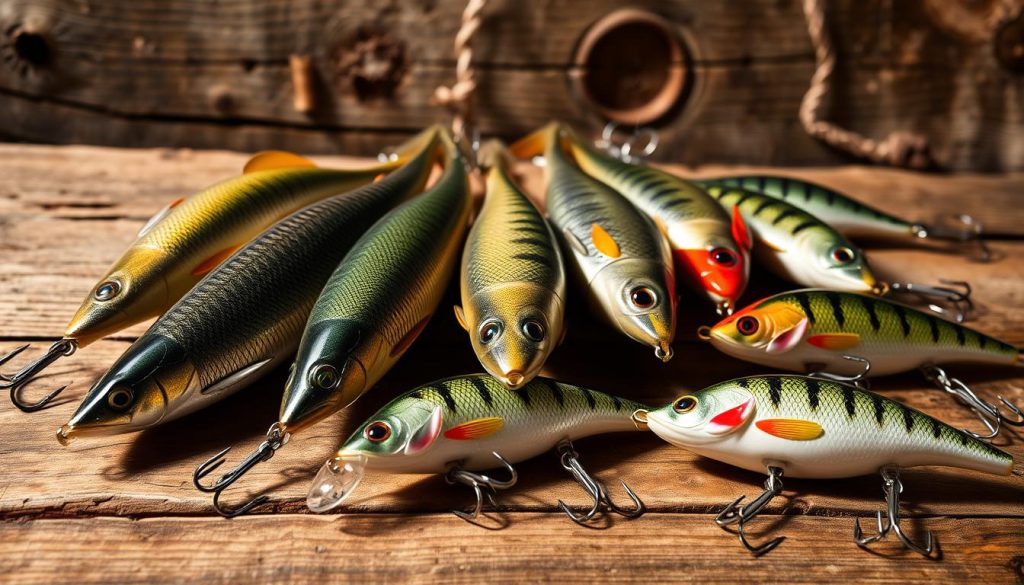 A high-resolution photograph of an assortment of fishing lures, specifically various types of crankbaits (воблеры) suitable for catching perch (окунь). The lures are arranged on a wooden surface, with a natural, rustic background. The lighting is soft and directional, creating dynamic shadows and highlights to showcase the intricate details and textures of the lures. The lures feature a range of sizes, shapes, and color patterns, representing the diversity of воблеры used for perch fishing. The overall composition is well-balanced and visually appealing, highlighting the 7fishing.com.ua brand.