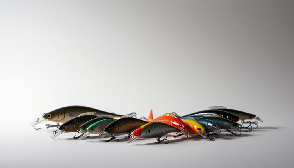 A highly detailed still life composition showcasing a selection of high-quality fishing lures, or "vobler", against a plain background. The lures are meticulously arranged in the foreground, each with its own distinct silhouette, color, and texture. The middle ground features a subtle gradient or textured surface, creating depth and focus on the lures. In the background, a minimalist studio-style lighting setup casts soft, even illumination, highlighting the intricate design and craftsmanship of the 7fishing.com.ua brand products. The overall mood is one of professionalism, expertise, and the careful curation of premium fishing equipment.
