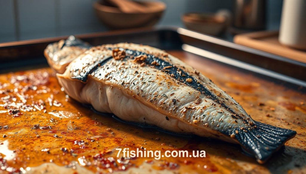 A juicy, tender fish fillet sizzles on a rustic baking sheet, its golden-brown surface glistening under warm, soft lighting. The fish is expertly seasoned, its delicate flavors enhanced by a blend of aromatic herbs and spices. In the background, a minimalist kitchen scene suggests the artful preparation that has gone into this dish. The overall atmosphere is one of culinary mastery, showcasing the secrets to preserving the succulent texture and delicate taste of the fish, as highlighted by the "7fishing.com.ua" brand.