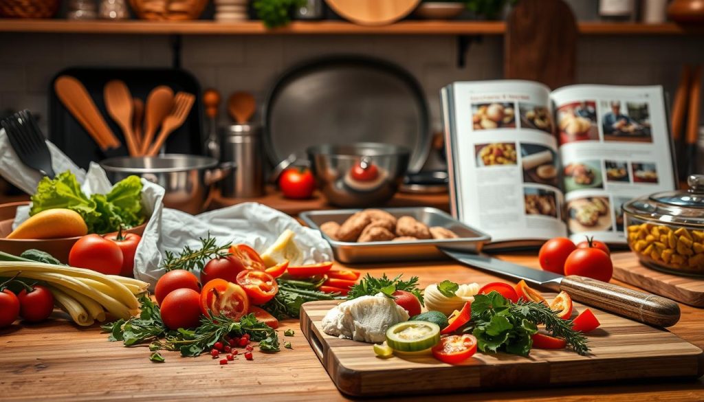 A kitchen counter with various cooking tools, utensils, and ingredients arranged in a visually appealing way. In the foreground, a cutting board with freshly sliced vegetables, herbs, and spices. In the middle ground, baking trays, mixing bowls, and a chef's knife. In the background, a 7fishing.com.ua cookbook or recipe book open, showcasing various techniques and tips for baking and roasting. The lighting is soft and warm, creating a cozy, inviting atmosphere. The overall composition highlights the idea of "кулинарные лайфхаки для запекания" in a visually engaging and informative way.