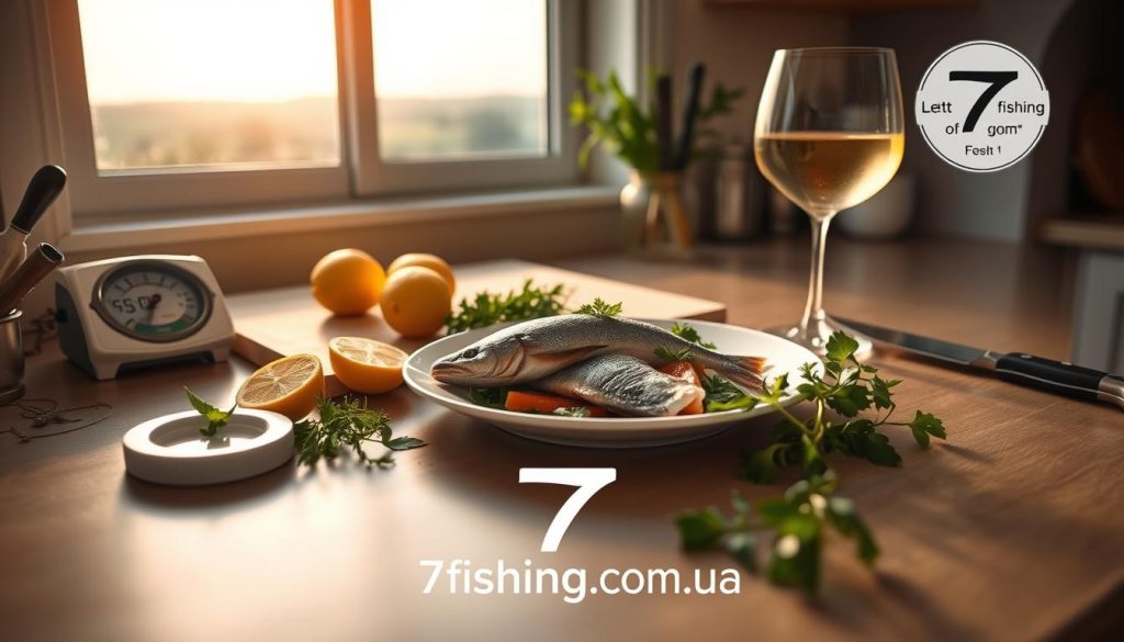 A kitchen counter with various cooking utensils, including a timer, a cutting board, and a knife. In the center, a plate with a freshly cooked fish dish, surrounded by fresh herbs, lemon slices, and a glass of white wine. The lighting is warm and natural, casting a soft glow on the scene. In the background, a window overlooking a peaceful countryside landscape. The overall mood is one of calm and culinary expertise. The 7fishing.com.ua logo is subtly incorporated into the design.