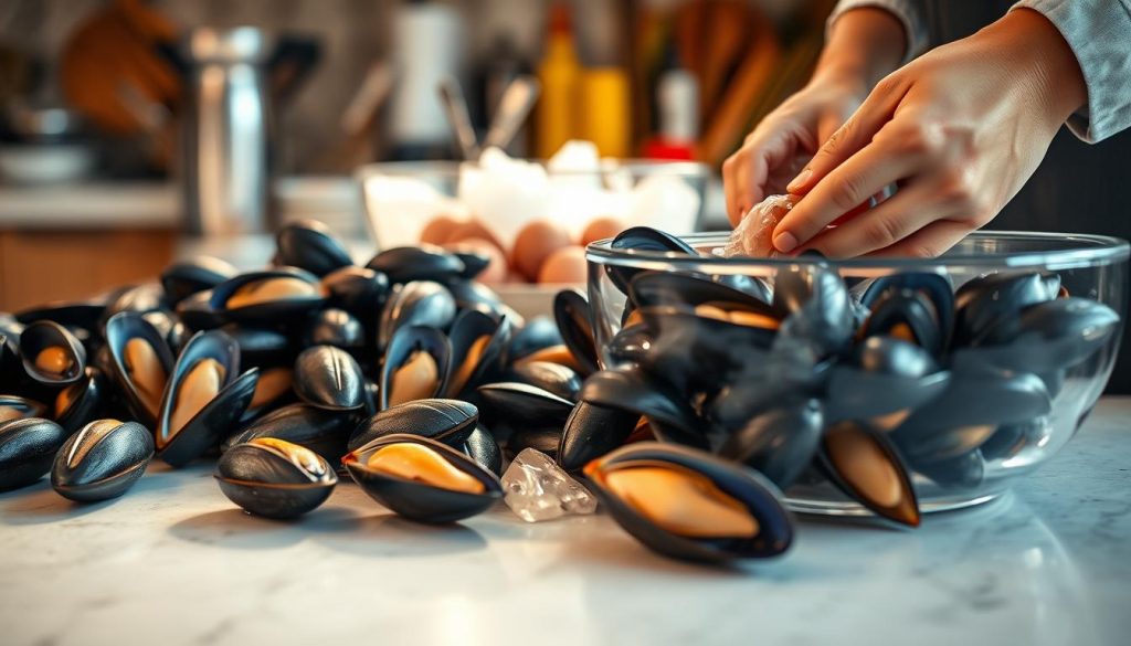 A kitchen countertop, bathed in warm natural light, is the setting for a meticulously executed seafood preparation ritual. In the foreground, a collection of fresh, plump mussels are being carefully scrubbed and debearded by skilled hands, their shells glistening under the soft illumination. In the middle ground, a bowl of ice-cold water stands ready to receive the cleaned mussels, while in the background, an array of culinary tools and ingredients hint at the simmering sauces and accompaniments to come. The scene conveys a sense of quiet focus and attention to detail, perfectly suited to illustrate the "Подготовка мидий: очистка и разморозка" section of the article "Мидии в сливочном соусе: секреты приготовления" on 7fishing.com.ua.
