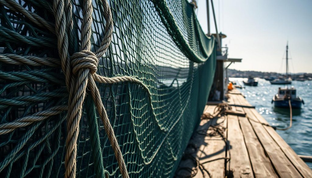 A large commercial fishing net draped across a weathered wooden dock, sun-dappled and glistening with water droplets. In the foreground, the intricate mesh of ropes and knotted cordage, casting dynamic shadows. Further back, a fleet of small fishing boats bobbing on the gently lapping waves, with a coastal village nestled in the distant background. The scene conveys a sense of the rugged, hardworking lifestyle of coastal fishermen, the tools of their trade on full display against a backdrop of natural beauty.