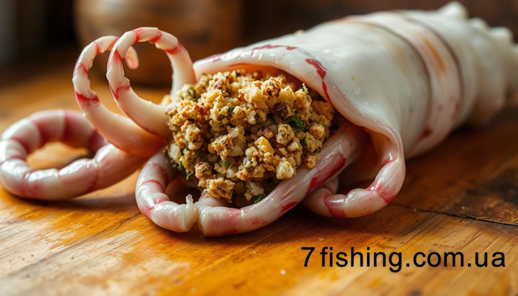 A large, freshly-cooked squid fills the frame, its tentacles curling invitingly. Its body is stuffed with a savory mixture of breadcrumbs, herbs, and spices, creating a visually appealing and mouthwatering dish. The image is captured in a warm, natural lighting, highlighting the delicate textures and colors of the seafood. In the background, a wooden surface or table provides a rustic, homey setting, complementing the handcrafted nature of the dish. The overall scene conveys a sense of culinary expertise and the inviting aroma of a well-prepared meal. Prominently displayed in the bottom right corner is the website "7fishing.com.ua", showcasing the high-quality ingredients and recipes featured on the site.