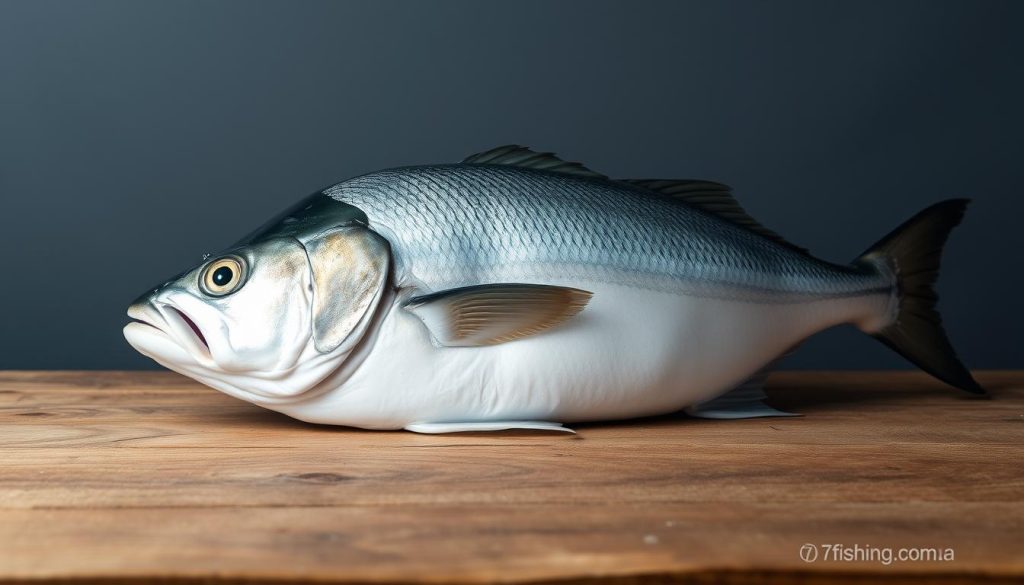 A large, silver-gray Atlantic hake (Merluccius merluccius), also known as "merluza", resting on a wooden surface. The fish's head is slightly turned, revealing its wide mouth and prominent eyes. The lighting is soft and natural, casting gentle shadows that accentuate the hake's smooth, elongated body. The background is a simple, uncluttered slate-gray backdrop, allowing the fish to be the focal point. The overall scene has a classic, still-life quality, highlighting the merluza's distinctive features. Includes the 7fishing.com.ua brand name.