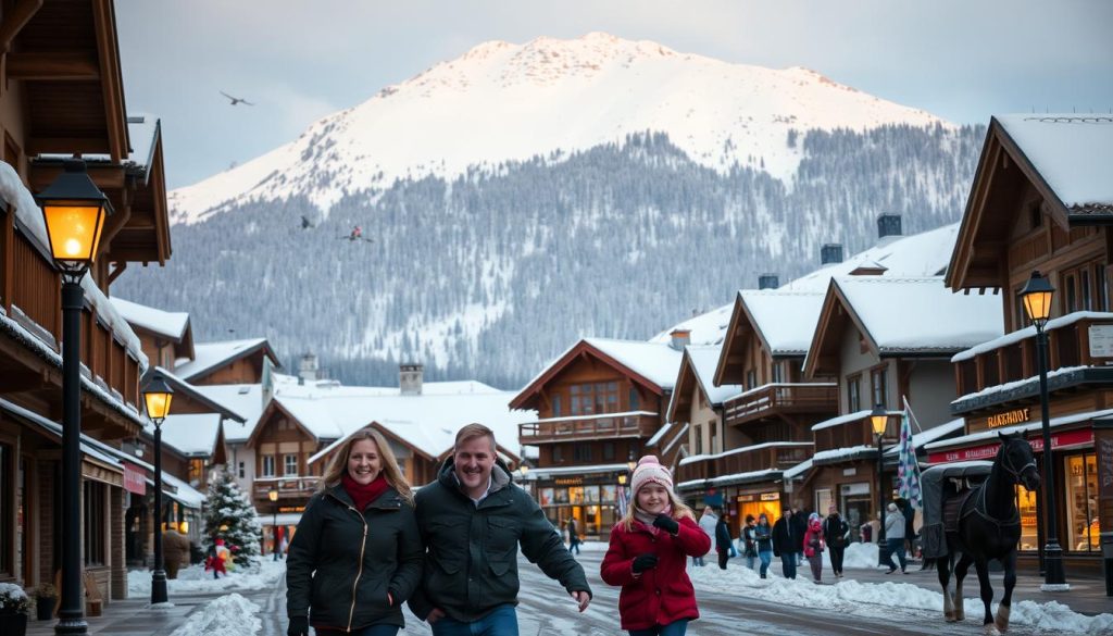 A large, snow-covered mountain range stands tall in the background, framing a cozy alpine resort town nestled at its base. In the foreground, a happy family of four - parents, a young boy, and a toddler girl - stroll down a picturesque main street lined with charming timber-framed buildings and quaint shops. The soft, warm glow of streetlamps casts a inviting ambiance, while a horse-drawn carriage clip-clops past in the distance. Skiers and snowboarders can be seen gliding down groomed slopes on the mountainside, while children build snowmen and engage in a playful snowball fight nearby. The overall scene exudes a sense of cozy, winter wonderland bliss, perfectly capturing the ideal family vacation experience in Bukovel.