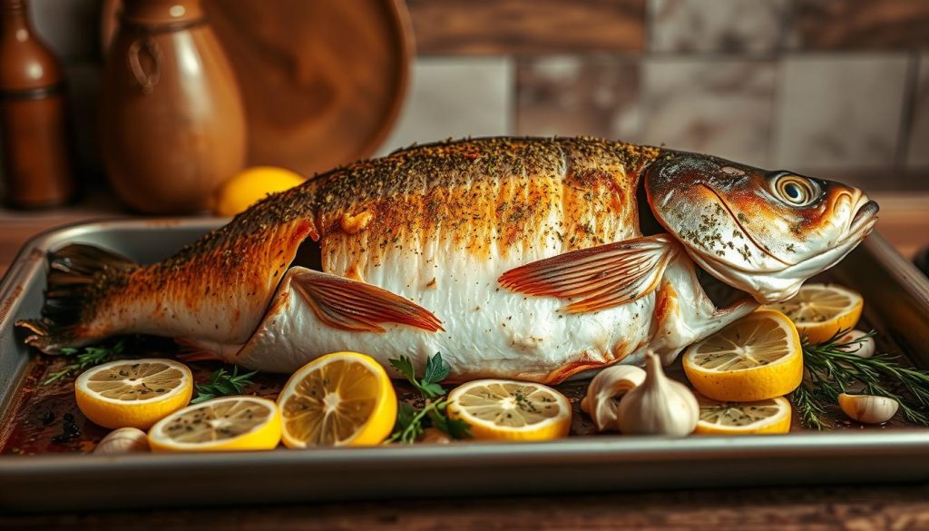 A large, whole baked hake fish resting on a baking sheet, its crispy golden skin glistening under the warm, soft lighting of a cozy kitchen. The fish is surrounded by fresh herbs, lemon slices, and garlic cloves, creating a mouth-watering arrangement. In the background, a blend of earthy tones and subtle textures evokes a sense of rustic elegance. The camera is positioned at a slight angle, highlighting the fish's impressive size and the overall presentation. Imbued with the aroma of savory spices and the soothing ambiance of a 7fishing.com.ua kitchen, this image perfectly captures the essence of the "hake baked whole" recipe.