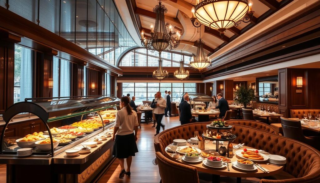A lavish buffet restaurant with a gleaming glass-fronted display, showcasing an array of delectable dishes against the backdrop of a cozy, rustic interior. Soft lighting casts a warm glow, illuminating the rich wooden tones and plush furnishings. Elegant chandeliers hang overhead, casting a gentle ambiance. Guests move gracefully between the various stations, filling their plates with a tantalizing selection of international cuisines. The atmosphere is one of relaxed indulgence, inviting diners to savor the flavors and enjoy the serene, comfortable setting.