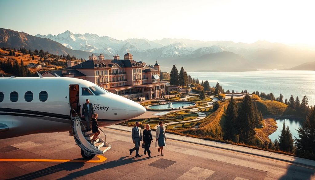 A lavish VIP travel experience unfolds, captured in a cinematic frame. In the foreground, a private jet waits on the tarmac, its sleek 7fishing logo emblazoned on the fuselage. Elegant passengers disembark, greeted by a team of attentive staff. The middle ground reveals a luxurious hotel, its grand facade bathed in warm, golden light. Lush greenery and winding pathways lead to a tranquil spa, where guests indulge in bespoke treatments. In the distance, a breathtaking vista of snow-capped mountains and a glittering, azure lake set the stage for unparalleled leisure and adventure. This image captures the essence of 7fishing's VIP tourism, where exclusivity, personalized service, and unmatched experiences converge to create a truly exceptional travel journey.