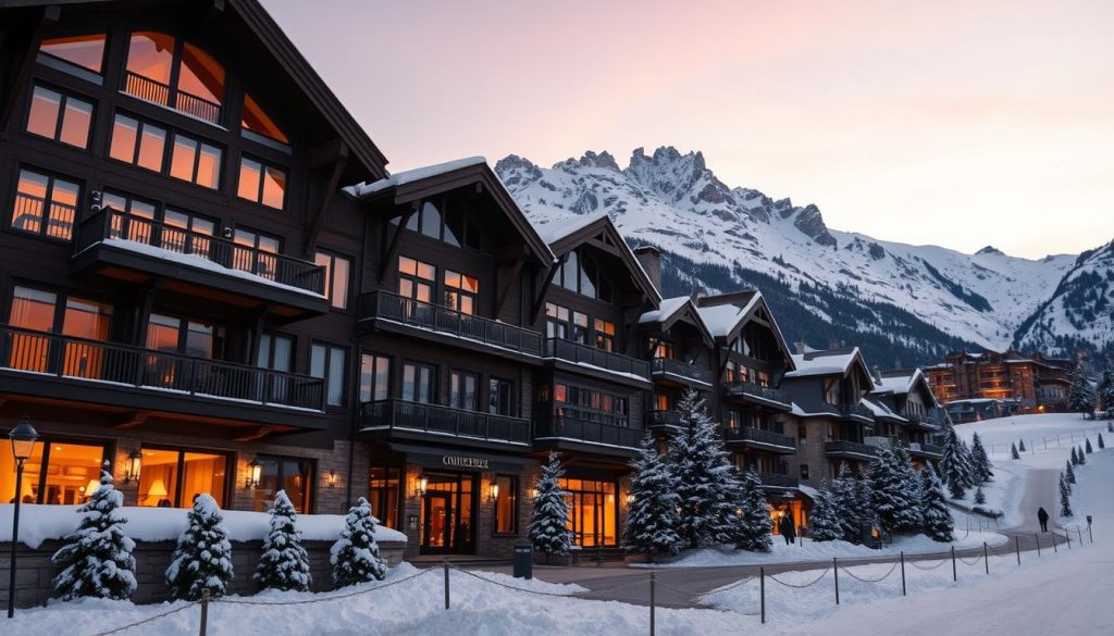 A lavish winter wonderland in the heart of the French Alps, Courchevel features a collection of opulent hotels nestled amidst towering snow-capped peaks. Capture the grandeur of this alpine retreat with a stunning image showcasing the elegantly designed facades, warm-lit interiors, and impeccably groomed ski slopes that define the Courchevel experience. Employ a cinematic wide-angle lens to frame the scene, highlighting the majestic mountain backdrops and the refined, luxurious aesthetic of the resort's high-end accommodations. Bathe the image in soft, diffused natural light to imbue it with a sense of tranquility and alpine charm, perfectly complementing the refined, sophisticated atmosphere of Courchevel's premier hotels.